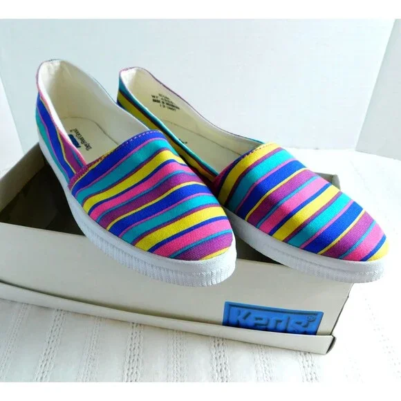 Vintage 90s KEDS Women's 8.5 Multicolor Striped Canvas Flats Sneakers Colors NEW - Picture 2 of 8
